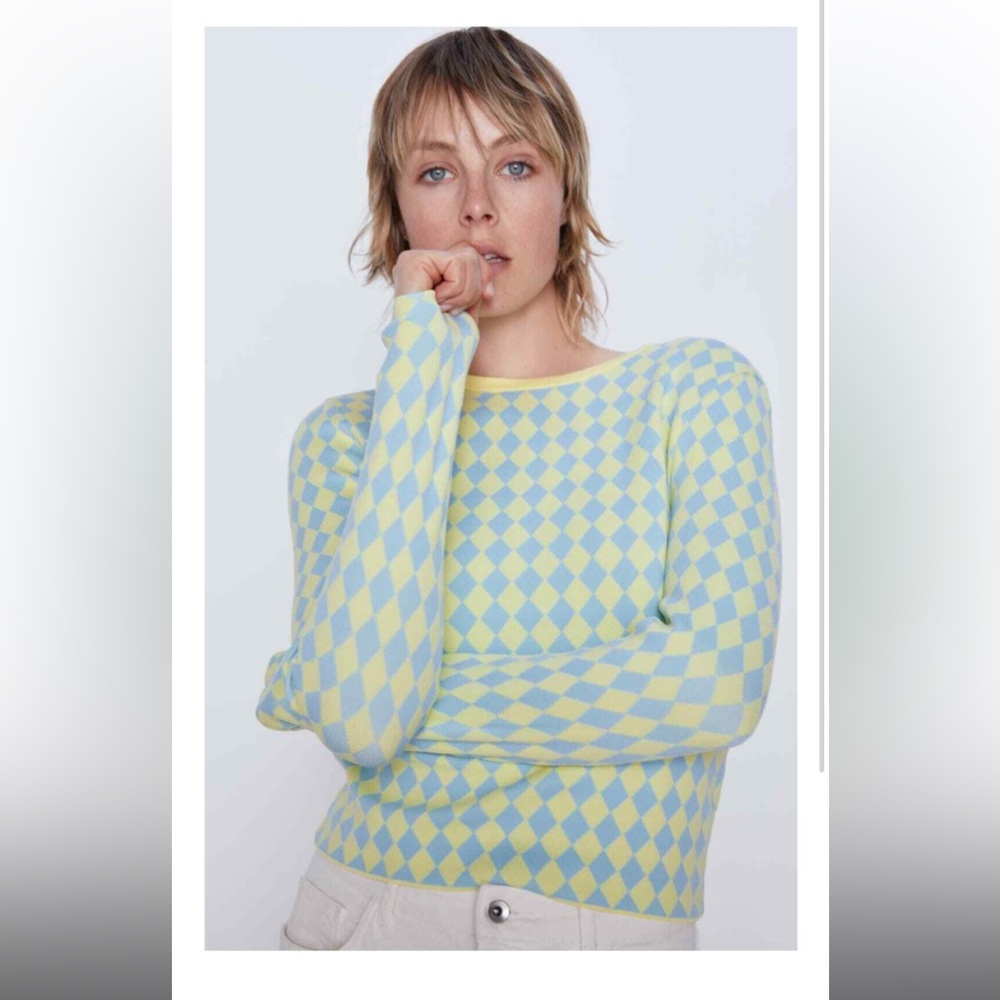 Zara Yellow & Blue Diamond Long Sleeve Sweater
